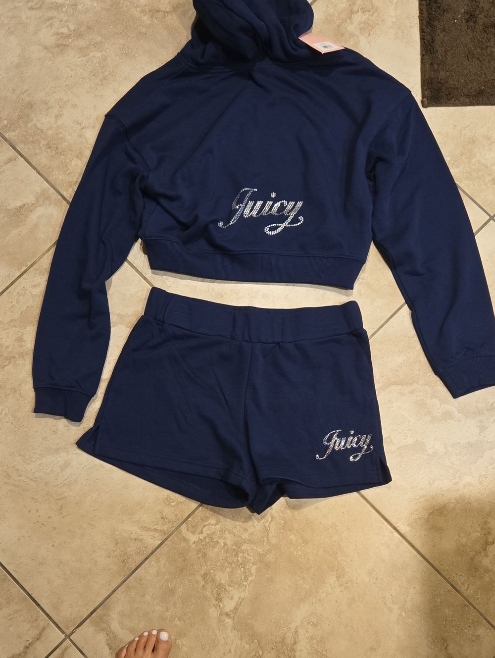 Juicy Couture Navy Rhinestone Logo Cropped Hoodie & Shorts Set